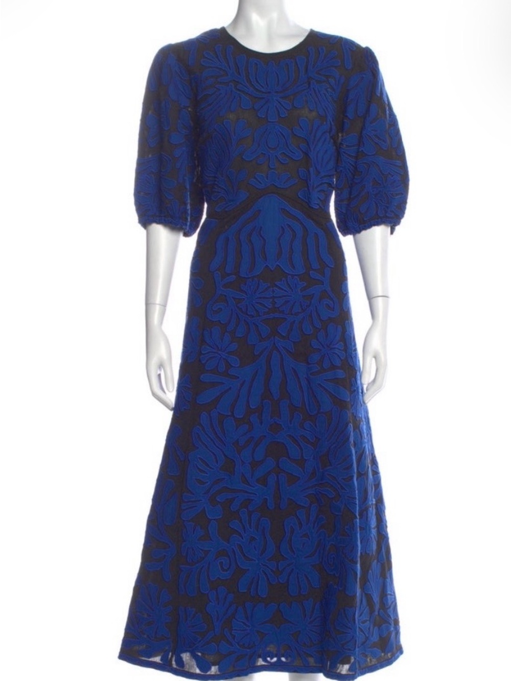 Sea New York Blue Black Appliqué Cotton Linen A Line Midi Dress Puff Sleeve 14